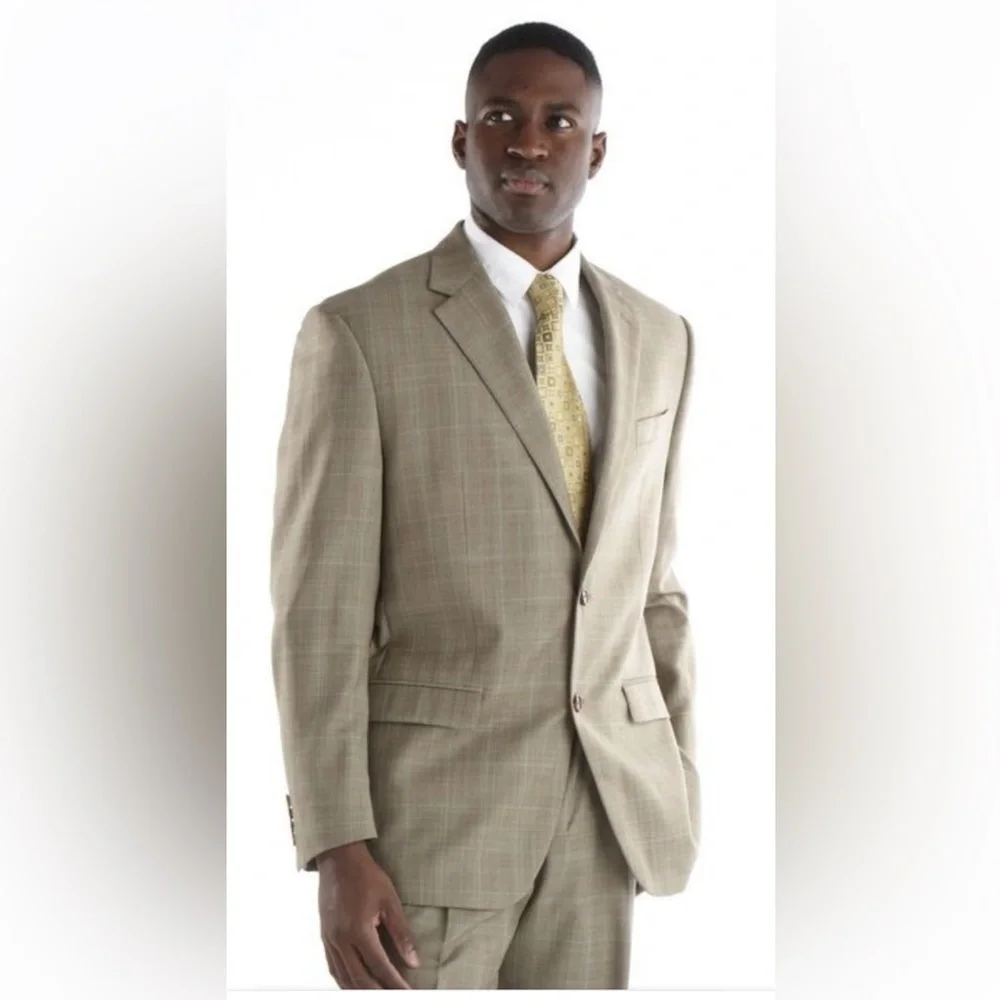 Lauren Ralph Lauren 100% Wool Executive Suit Beige Windowpane‎ Coat Size 40 R